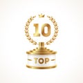 Top 10 award cup. Golden award trophy with laurel wreath and crown - isolated on white background. Royalty Free Stock Photo